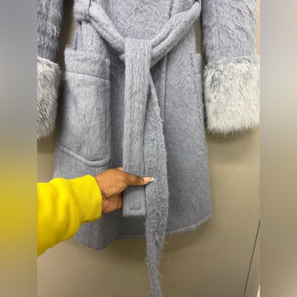 Kate Spade New York Faux Fur Trimmed Belted Women's Coat baby blue size 00/ XXS - Picture 10 of 13